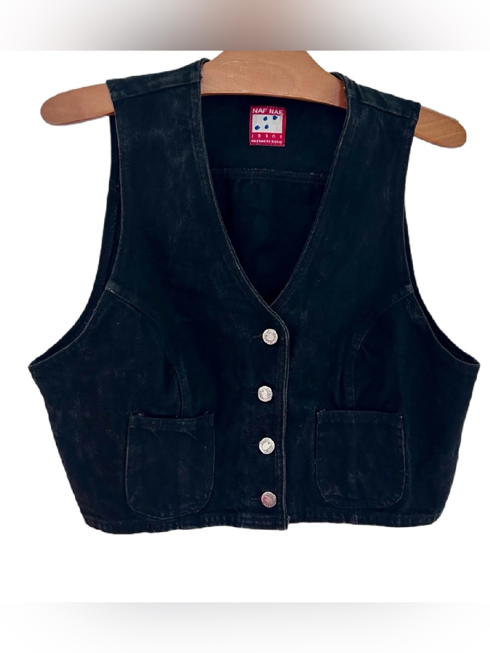 Vintage NAF NAF Black Denim Cropped Vest Y2K 90s Made in Canada Small